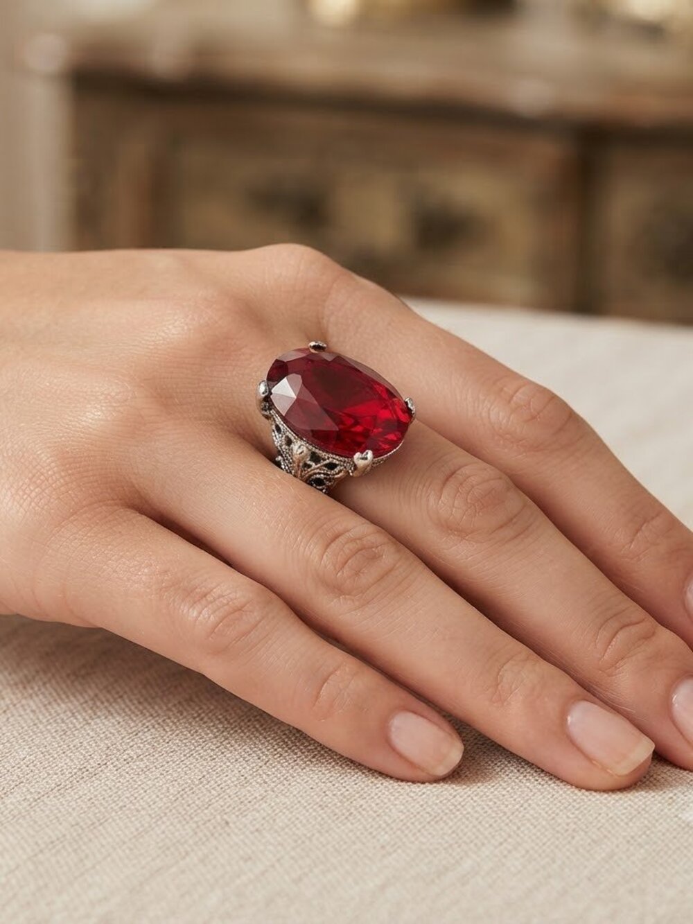 Vintage Faux Ruby Cocktail Ring Costume Jewelry Ring Adjustable Sizing